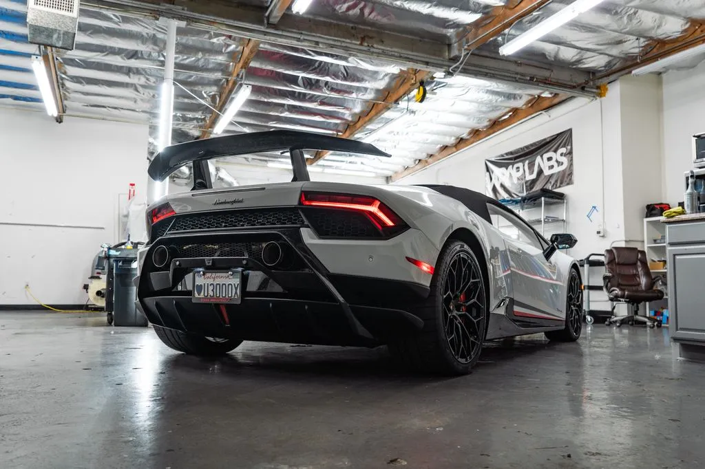 Huracán Performante carbon wing, low angle, inside the Wrap Labs studio