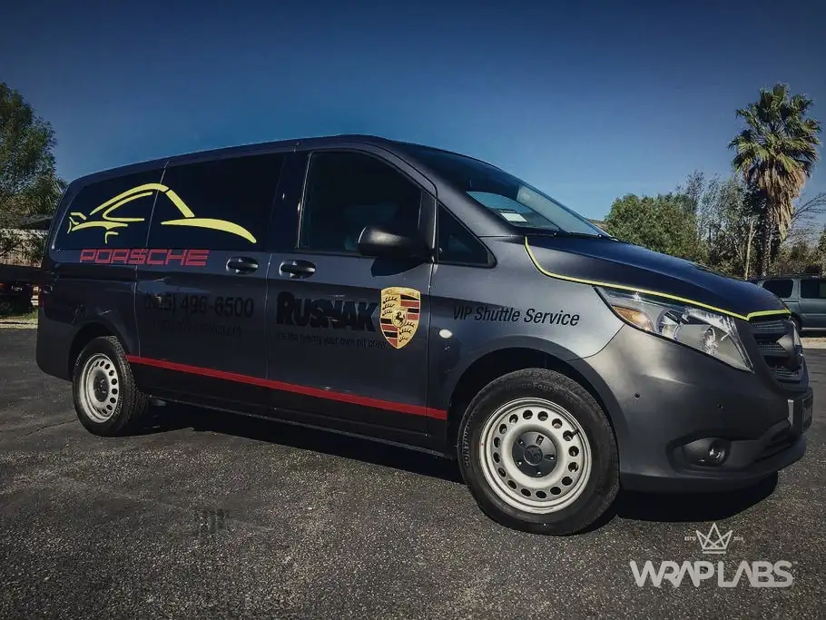 Fleet wrap on a Rusnak Porsche dealership Mercedes Metris shuttle van