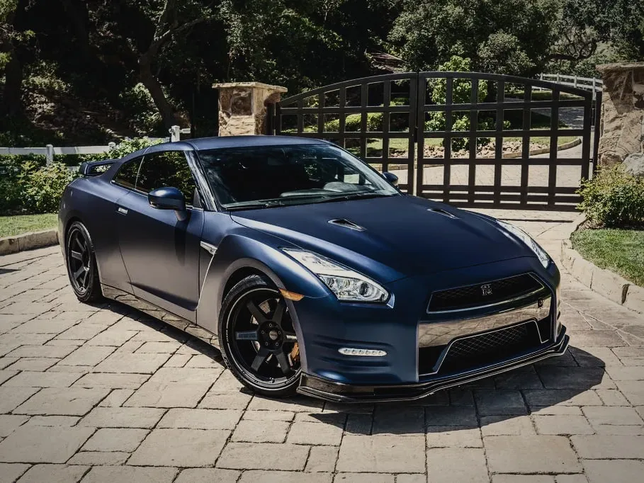 Nissan GT-R wrapped in matte blue vinyl