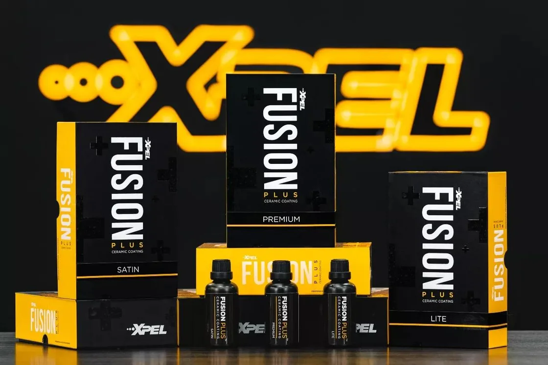 The XPEL Fusion Plus ceramic coating line: Lite, Satin, and Premium bottles and packaging