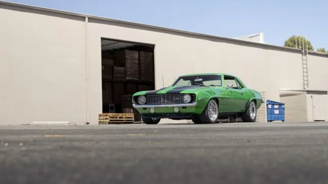 1969 Chevrolet Camaro Z28 Green Black Stripes Vinyl Wrap Front 3Quarter Low, by Wrap Labs, Westlake Village