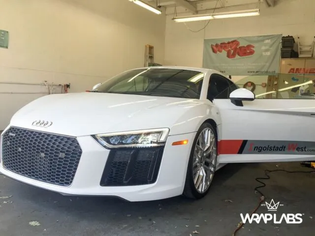 Audi R8 V10 White Ingolstadt West Sponsor Vinyl Wrap Front Head On WrapLabs Shop Indoor, by Wrap Labs, Westlake Village