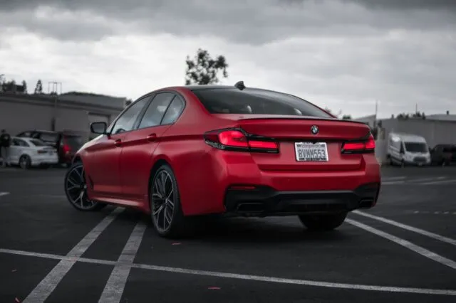 BMW 5 Series Matte Red Vinyl Wrap Rear Two Tone Black Roof, by Wrap Labs, Westlake Village