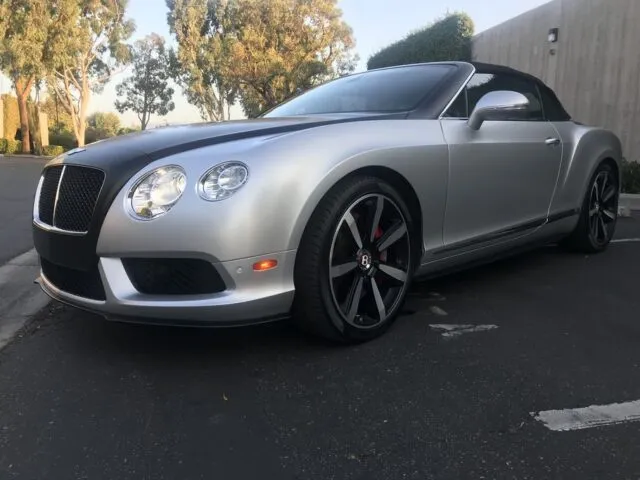 Bentley Continental GTC Silver Matte Black Two Tone Vinyl Wrap Front Three Quarter Parking Lot, by Wrap Labs, Westlake Village