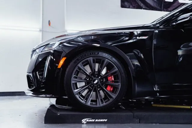 Cadillac CT5 V Blackwing Gloss Black PPF Front Wheel Red Brake Caliper Michelin Tire Detail