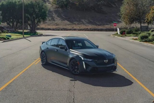 Cadillac CT5 V Blackwing Matte Black Vinyl Wrap Front Head On Street