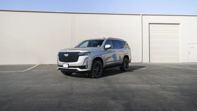Cadillac Escalade Silver PPF Black Wheels Front 3Quarter