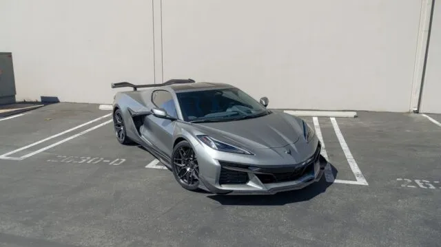 Corvette Z06 Satin Grey PPF Front 3Quarter Wing Up Parking Lot