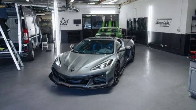 Corvette Z06 Satin Grey PPF Front 3Quarter WrapLabs Shop Interior