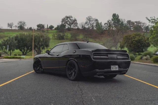 Dodge Challenger SRT Hellcat Gloss Black Vinyl Wrap Gold Pinstripe Rear 3Quarter Street Hills