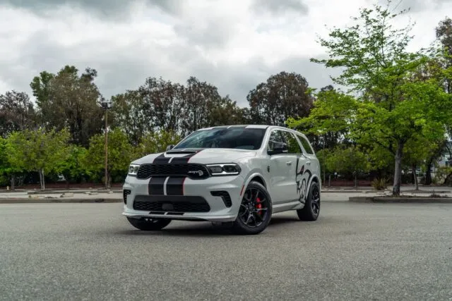 Dodge Durango SRT Hellcat White Black Red Stripe Vinyl Wrap Front 3Quarter Street Trees A