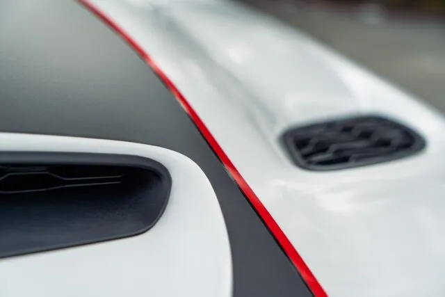 Dodge Durango SRT Hellcat White Black Red Stripe Vinyl Wrap Hood Black Stripe Red Pinstripe Detail