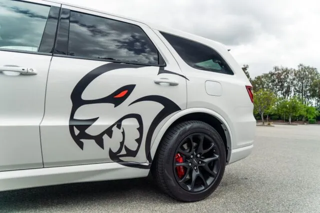 Dodge Durango SRT Hellcat White Vinyl Wrap Hellcat Graphic Rear Quarter