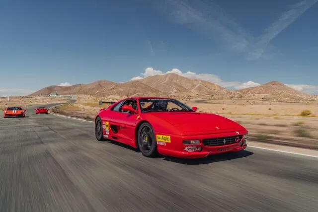 Ferrari 355 Challenge Red Race Car Front Three Quarter Rolling Track Desert