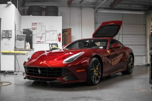 Ferrari F12 Berlinetta Red Paint Protection Film Front Three Quarter Shop