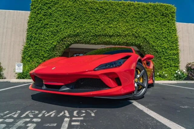 Ferrari F8 Tributo Red PPF Front Head On Parking Lot Hedge Wall