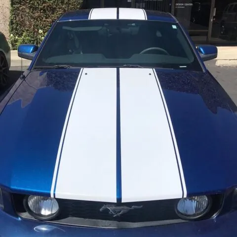 Ford Mustang Blue White Racing Stripes Vinyl Wrap Hood Overhead Detail, by Wrap Labs, Westlake Village