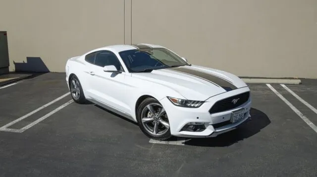 Ford Mustang White Vinyl Wrap Grey Stripes Front Quarter, by Wrap Labs, Westlake Village