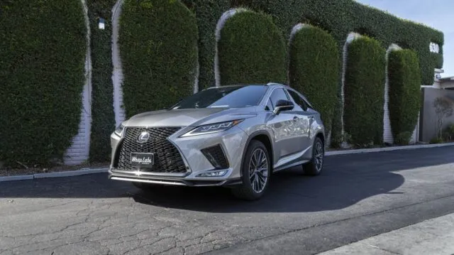 Lexus RX F Sport Silver Blackout Trim Front 3 4 Hedge Wall