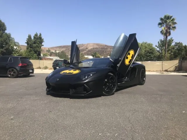 Lamborghini Aventador Matte Black Batman Vinyl Wrap Front 3 4 Doors Up, by Wrap Labs, Westlake Village