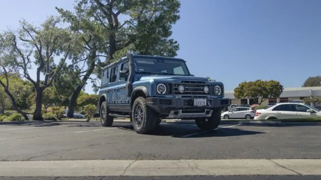INEOS Grenadier Steel Blue PPF Front Head On Low Angle Street Trees, by Wrap Labs, Westlake Village