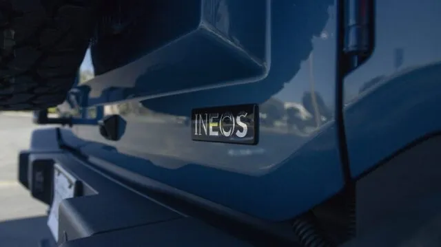 INEOS Grenadier Steel Blue PPF INEOS Rear Badge Tailgate Detail, by Wrap Labs, Westlake Village