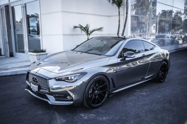 Infiniti Q60 Chrome Vinyl Wrap Front 3Quarter Black Wheels, by Wrap Labs, Westlake Village