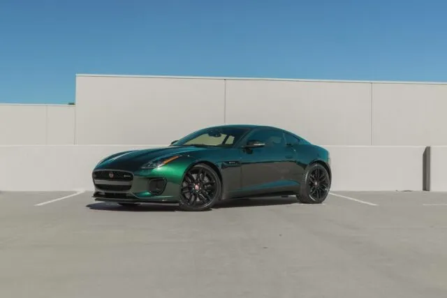 Jaguar F Type Coupe Green Vinyl Wrap Rear Three Quarter, by Wrap Labs, Westlake Village