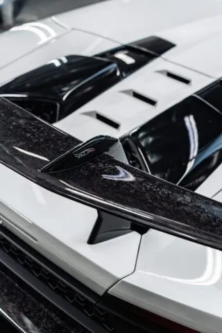 Lamborghini Huracan Performante White PPF Carbon Wing Engine Louver Aerial Detail