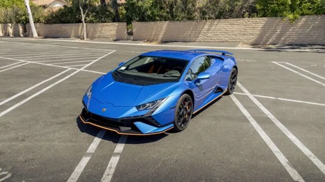 Lamborghini Huracan STO Blue Orange Accent PPF Front 3Quarter Parking Lot