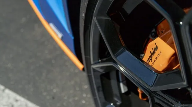 Lamborghini Huracan STO Blue Orange Accent PPF Wheel Ceramic Brake Caliper Detail