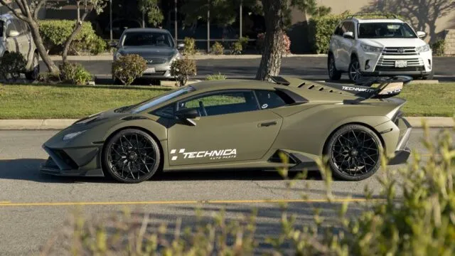 Lamborghini Huracan STO Matte Army Green Technica Vinyl Wrap Side Profile Street Alt