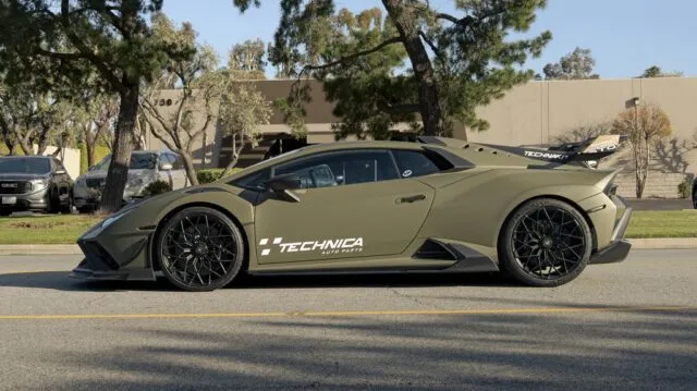 Lamborghini Huracan STO Matte Army Green Technica Vinyl Wrap Side Profile Street