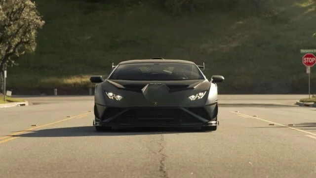 Lamborghini Huracan STO Matte Army Green Vinyl Wrap Front Head On Street