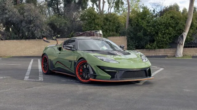 Lotus Evora Matte Green Orange Accent Paint Protection Film Front 3Quarter, by Wrap Labs, Westlake Village