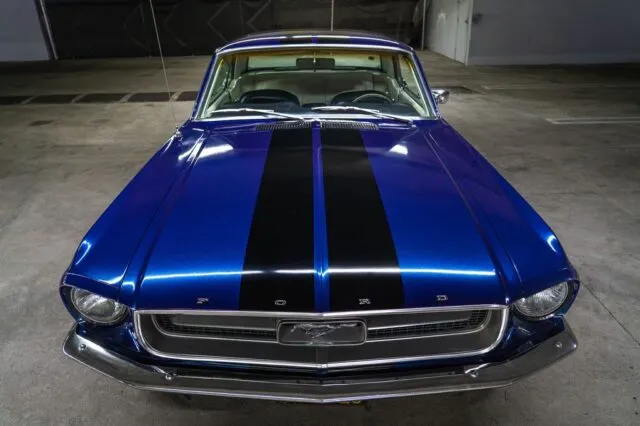 Ford Mustang Coupe Gloss Blue Vinyl Wrap Black Racing Stripes Hood and Grille Detail