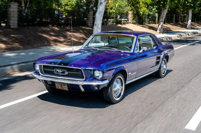 Ford Mustang Classic Coupe Purple Blue Vinyl Wrap Black Stripes Rolling Shot Tree Lined Street, by Wrap Labs, Westlake Village