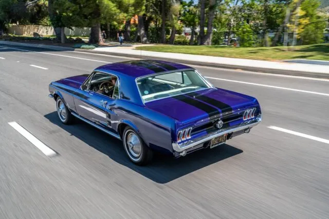 Ford Mustang Coupe Gloss Blue Vinyl Wrap Black Racing Stripes Rear 3 4 Rolling Shot, by Wrap Labs, Westlake Village