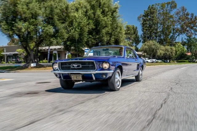 Ford Mustang Coupe Gloss Blue Vinyl Wrap Front 3 4 Rolling Shot Tree Lined Street, by Wrap Labs, Westlake Village
