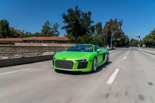 Audi R8 Spyder Lime Green Vinyl Wrap Front 3 4 Rolling Shot Highway, by Wrap Labs, Westlake Village
