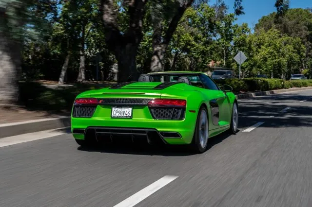 Audi R8 Spyder Lime Green Vinyl Wrap Rear Rolling Shot, by Wrap Labs, Westlake Village