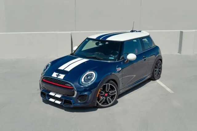 MINI Cooper JCW Blue White Racing Stripes Vinyl Wrap Front Three Quarter