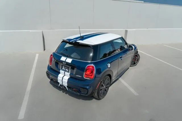 MINI Cooper JCW Blue White Racing Stripes Vinyl Wrap Rear Three Quarter