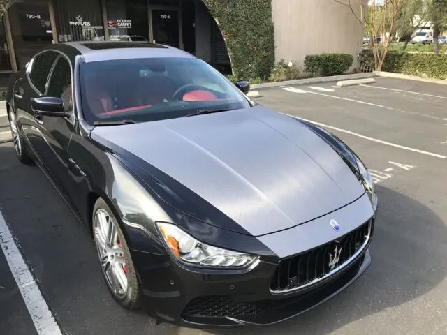 Maserati Ghibli GranSport Black Matte Grey Two Tone Hood Vinyl Wrap Front 3Quarter WrapLabs Shop, by Wrap Labs, Westlake Village