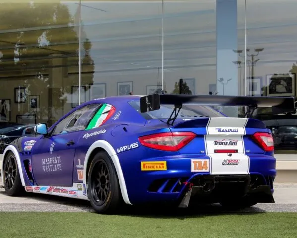 Maserati GranTurismo Blue Race Vinyl Wrap Trans Am SCCA Rear Three Quarter Dealership, by Wrap Labs, Westlake Village