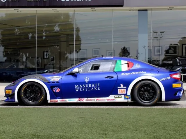 Maserati GranTurismo Blue Race Vinyl Wrap Trans Am SCCA Side Profile Dealership, by Wrap Labs, Westlake Village