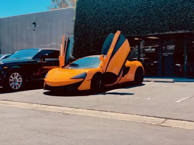 McLaren 570S Orange PPF Dihedral Doors Open Front WrapLabs Shop, by Wrap Labs, Westlake Village