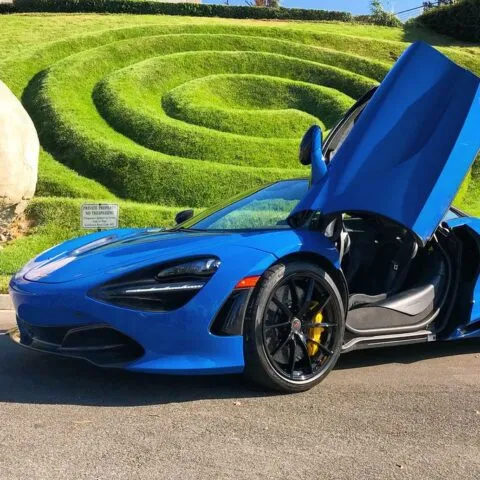 McLaren 720S Blue PPF Dihedral Door Open Front Three Quarter Sculpted Lawn, by Wrap Labs, Westlake Village