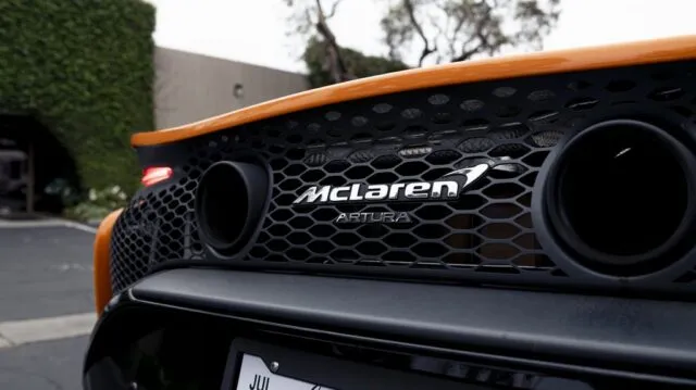 McLaren Artura Orange PPF Rear Exhaust Badge Detail, by Wrap Labs, Westlake Village