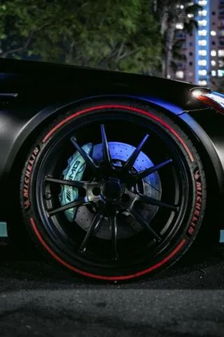 Mercedes AMG C63 Matte Black Teal Vinyl Wrap Wheel Detail Night, by Wrap Labs, Westlake Village